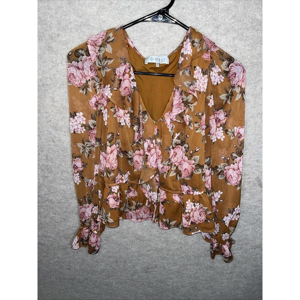 WAYF WHERE ARE YOU FROM Floral Long Sleeve V Neck Ruffle Peplum Top Size XS